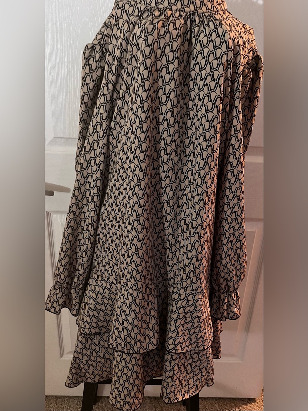 Printed Ruffle-Hem Long Sleeve Dress in Beige and Black